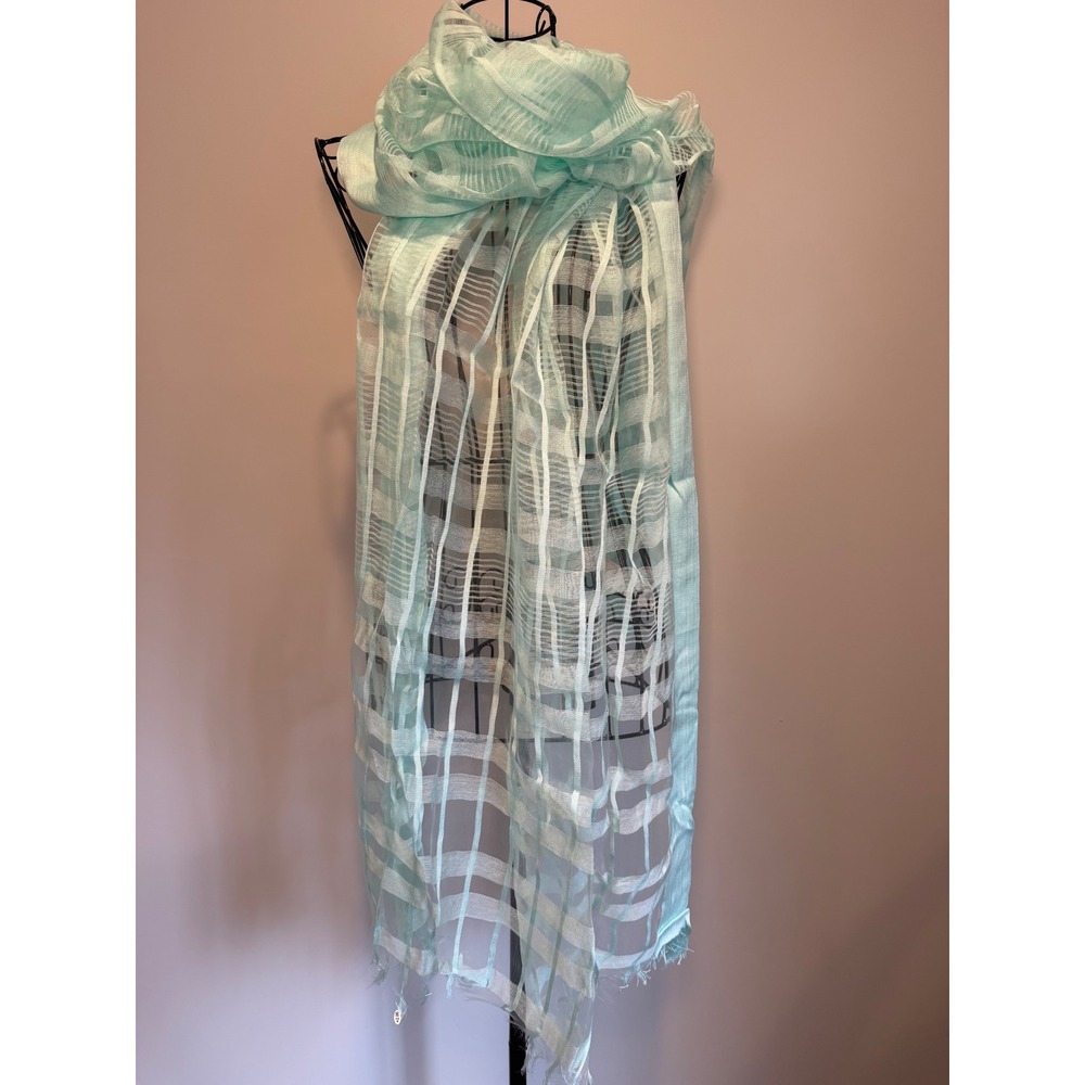 Avenue‎ 9 Mint Green Sheer Grid Pattern Scarf Long Lightweight Wrap Fringe 81x34